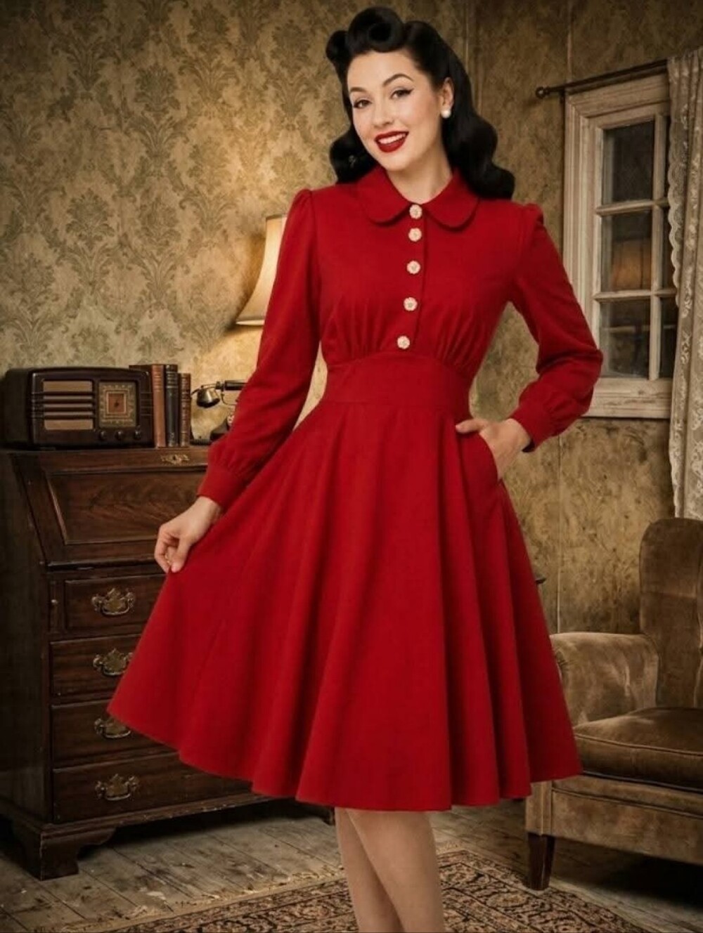 Hell Bunny Red Long-Sleeve Fit-and-Flare Dress with Peter Pan Collar